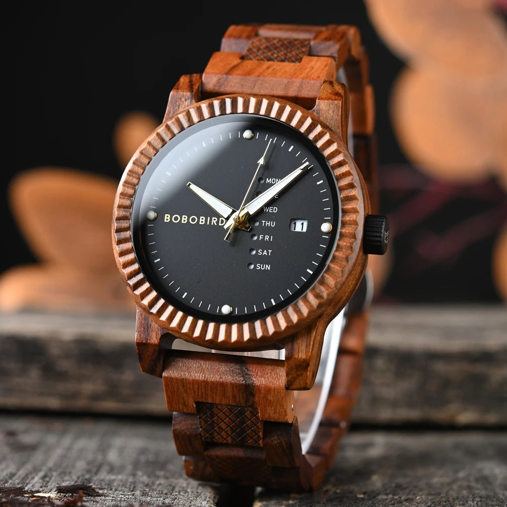 Men’s quartz watch simple fashion new couple wooden bobobird top brand timepieces week date display custom unique gift