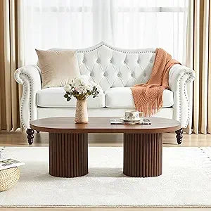 Fluted oval coffee table for living room boho modern with legs curved round wood center home s - united states / walnut