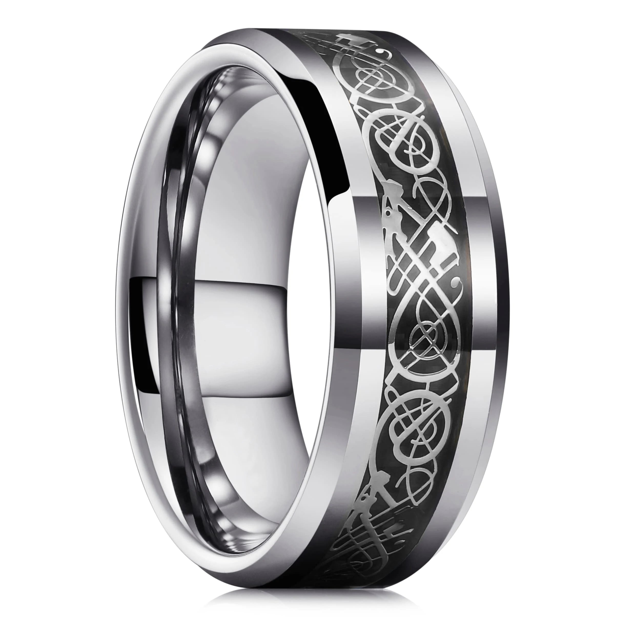 Fashion 8mm men stainless steel ring rose gold color brushed wood inlay rings for women wedding band jewelry birthday