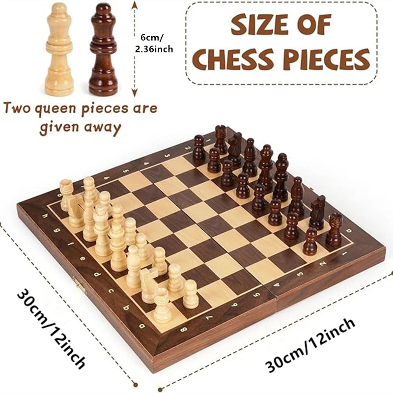 30cm/12inch travel chess wooden magnetic chessboard - with 2 additional queen’s family game - 1 set