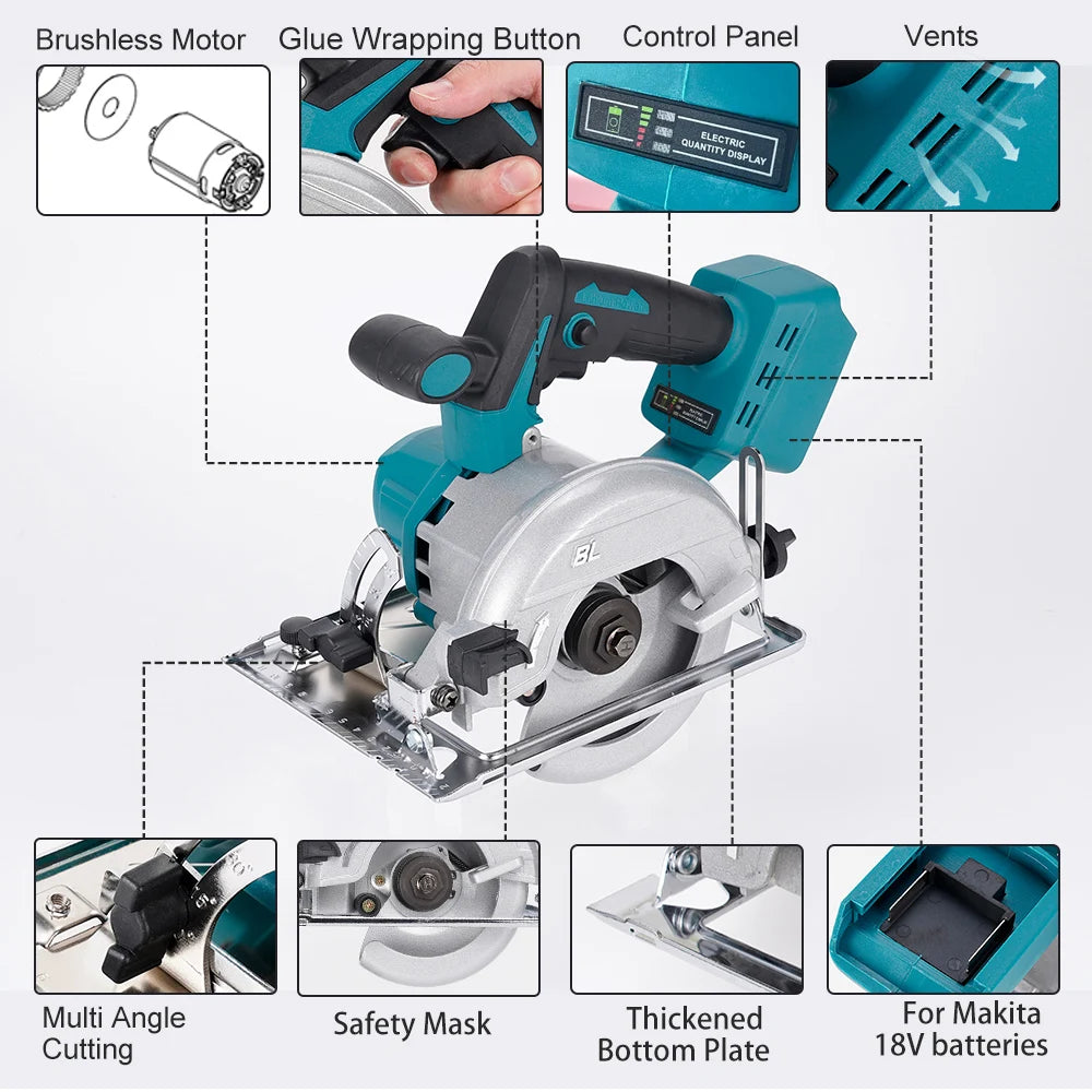 125mm brushless mini electric circular saw cordless - 45 degree adjustable gardening woodworking cutting diy power
