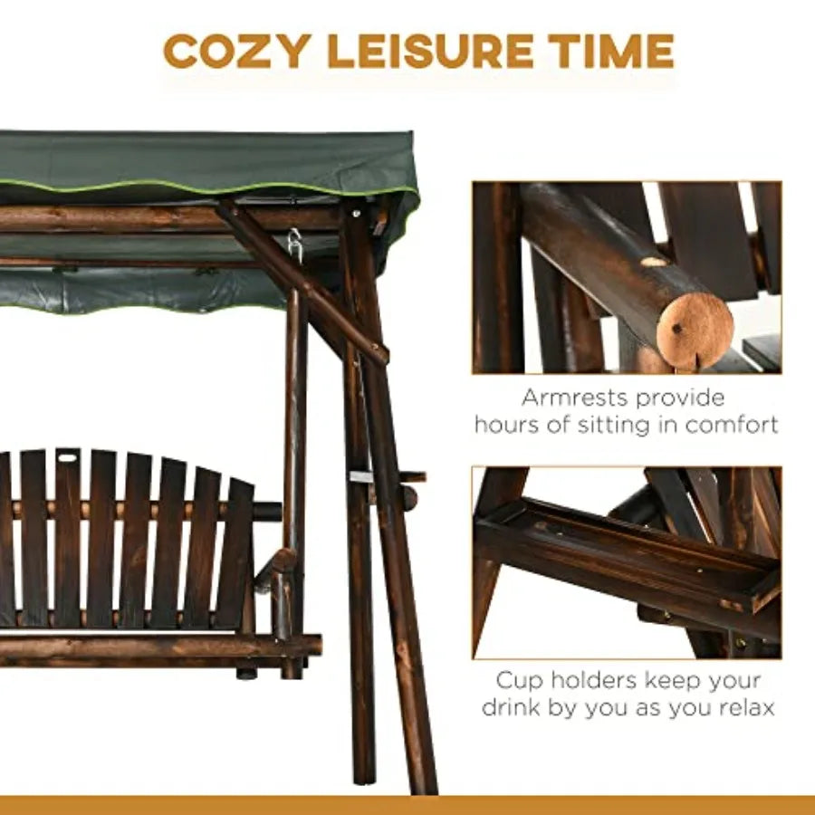 2person patio swing chair outdoor hanging wooden porch bench loveseat with adjustable canopy and side trays for garden