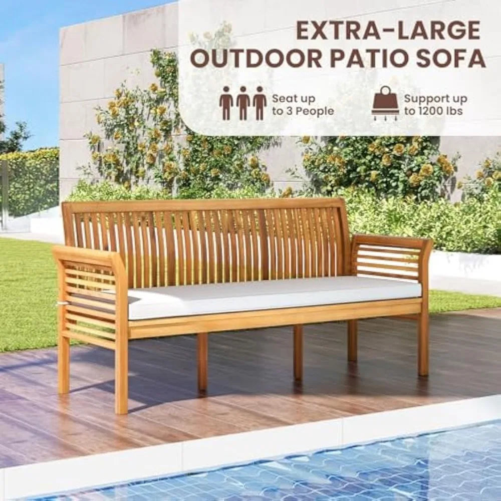 62.5’’ outdoor bench acacia wood - 3-person patio w/backrest armrests & removable seat cushion slatted wooden garden