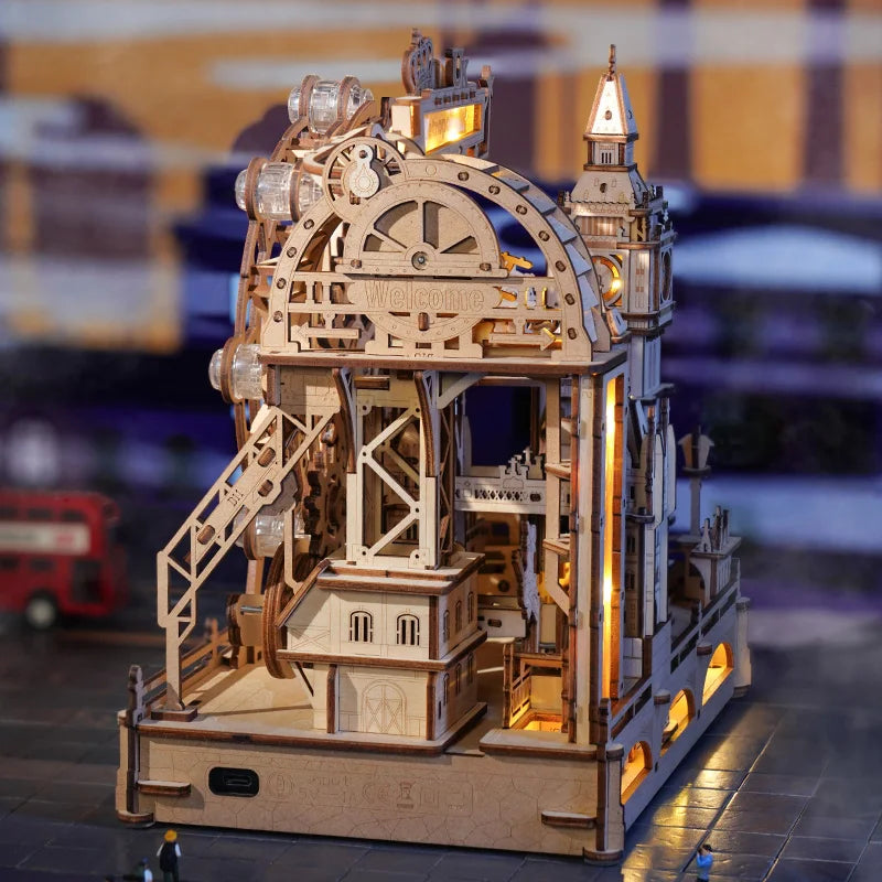 Robotime 3d wooden puzzle marble run building kit london city model with lights mechanical diy landmark for adults teens