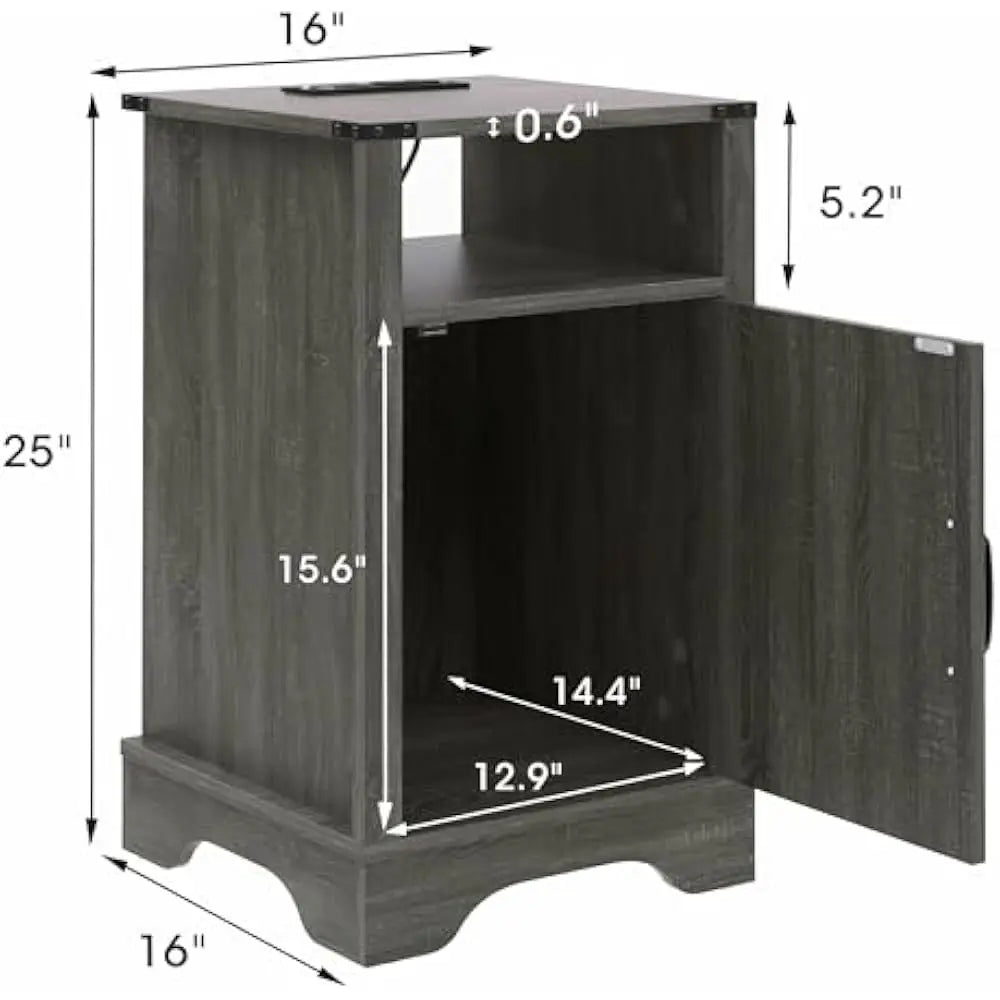 Nightstand set of 2 end table w/charging station tall farmhouse bedside tables with large storage and shelf wooden side