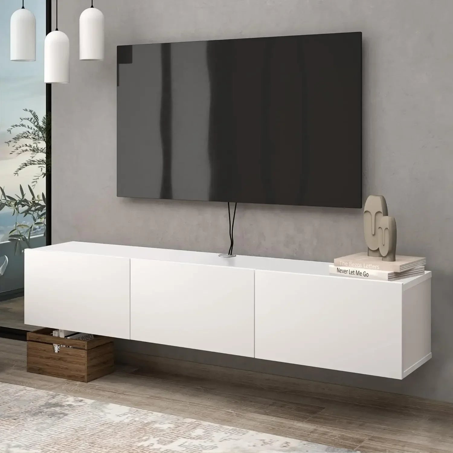 Floating tv stand up to 75 inch wall mounted entertainment center - pure white / united states