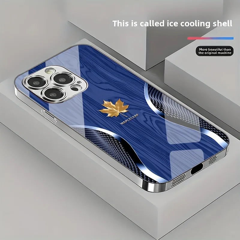 Gold maple leaf wood grain curve pattern phone case for iphone 17 16 15 14 13 12 11 pro max plus 16e air tempered glass