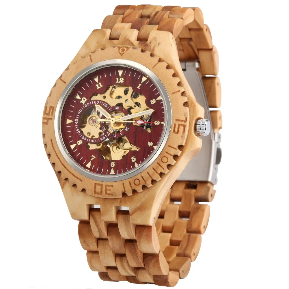 New full wooden automatic men watches gold analog arabic numerals display wood bracelet wristband self-winding male