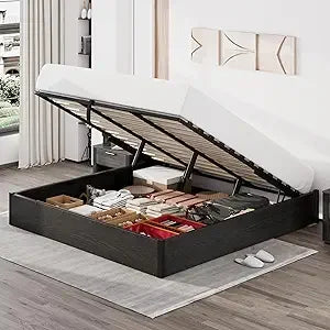 Queen size lift up storage platform bed frame metal with wooden slats support no box spring needed large sp - black