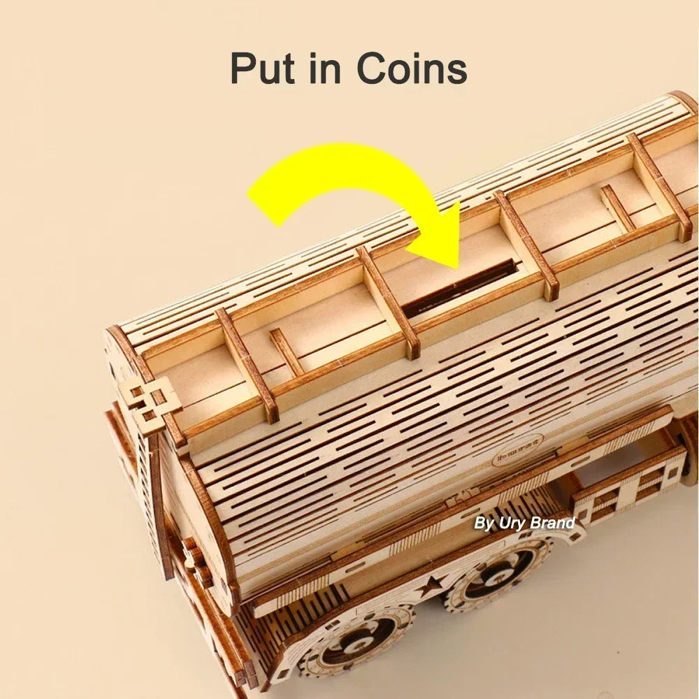 Diy 3d wooden puzzles money box piggy bank fuel truck model building block kits assembly jigsaw toy gift for children