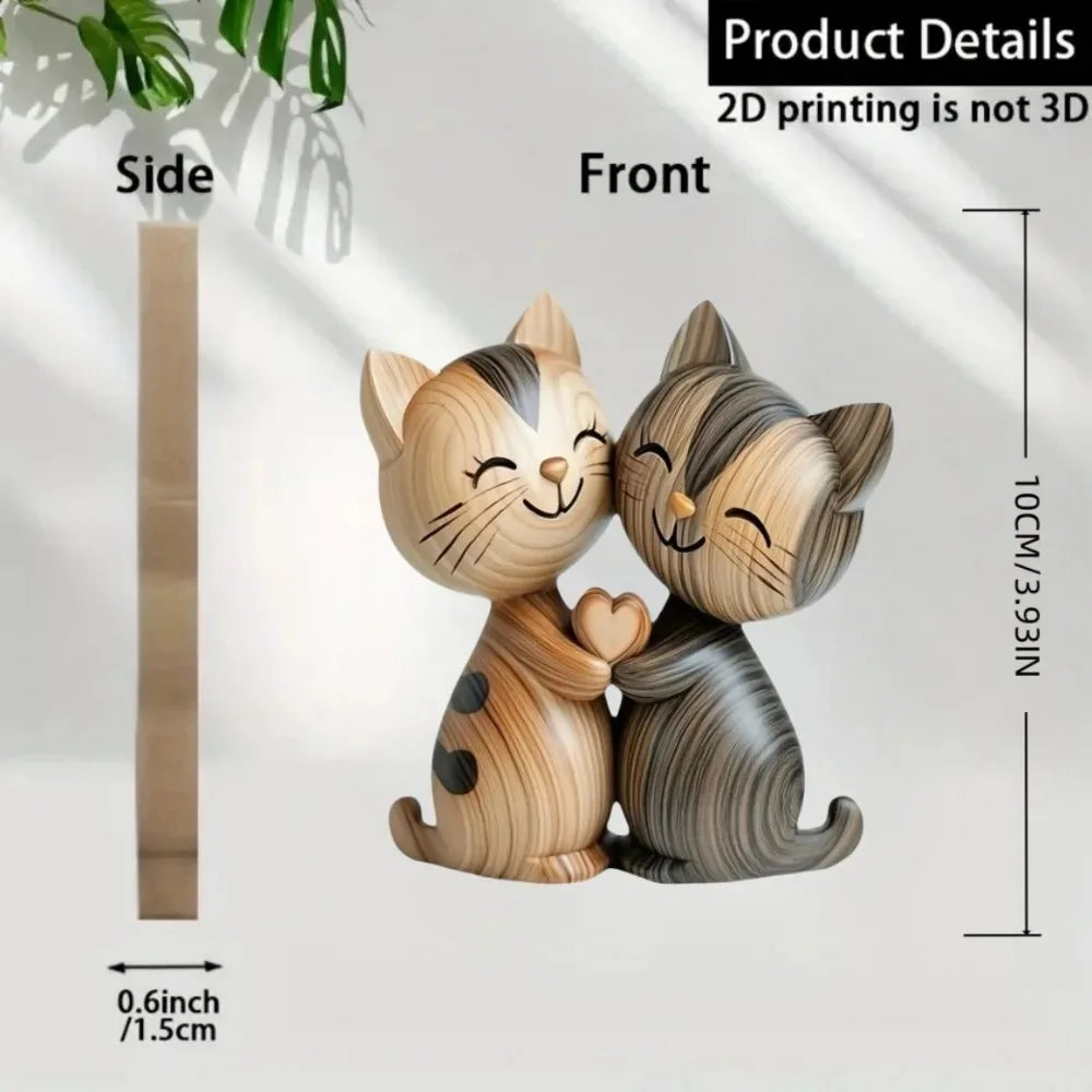 Wooden kitten dog couple sculpture 2d flat cat rabbit gift light dark wood grain desktop entrance home decor decorative