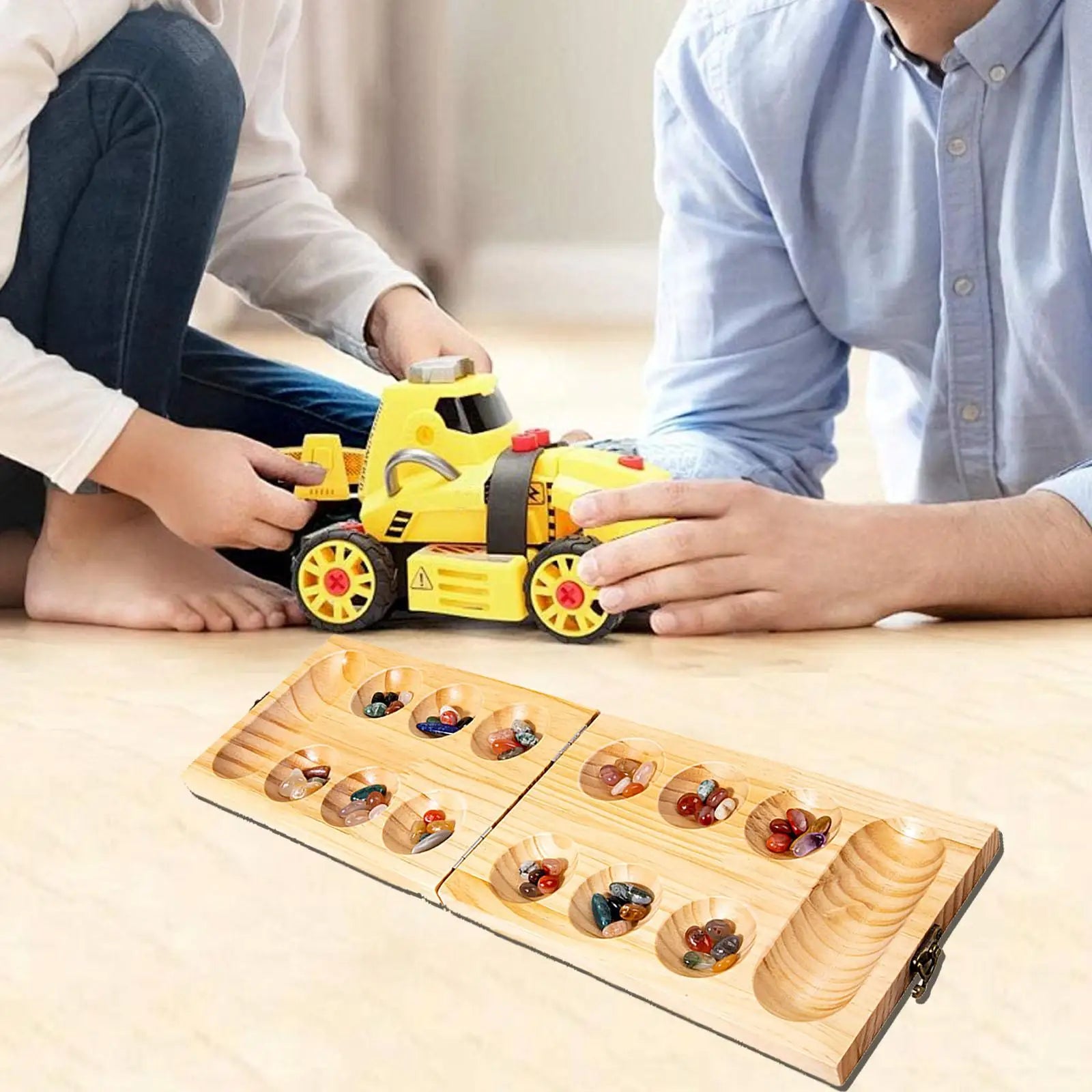 Wooden mancala board game teen 50 stones for travel party entertainment