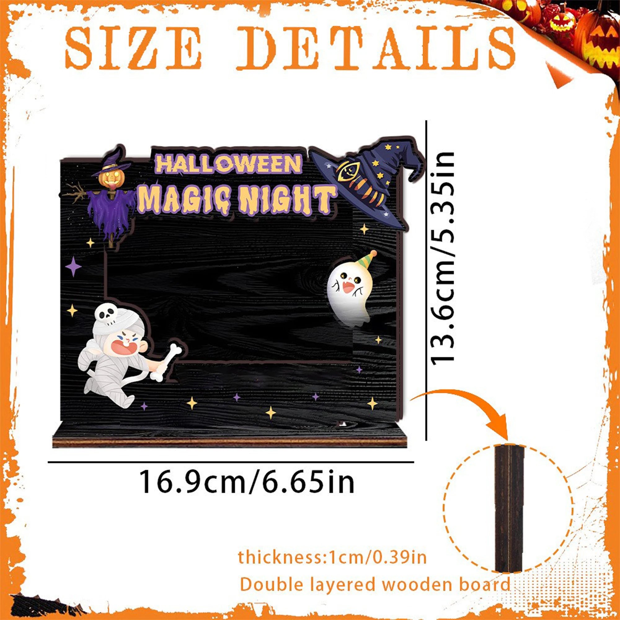 Spooky halloween wooden picture frame with festive holiday decorations for tabletop display in living room or home