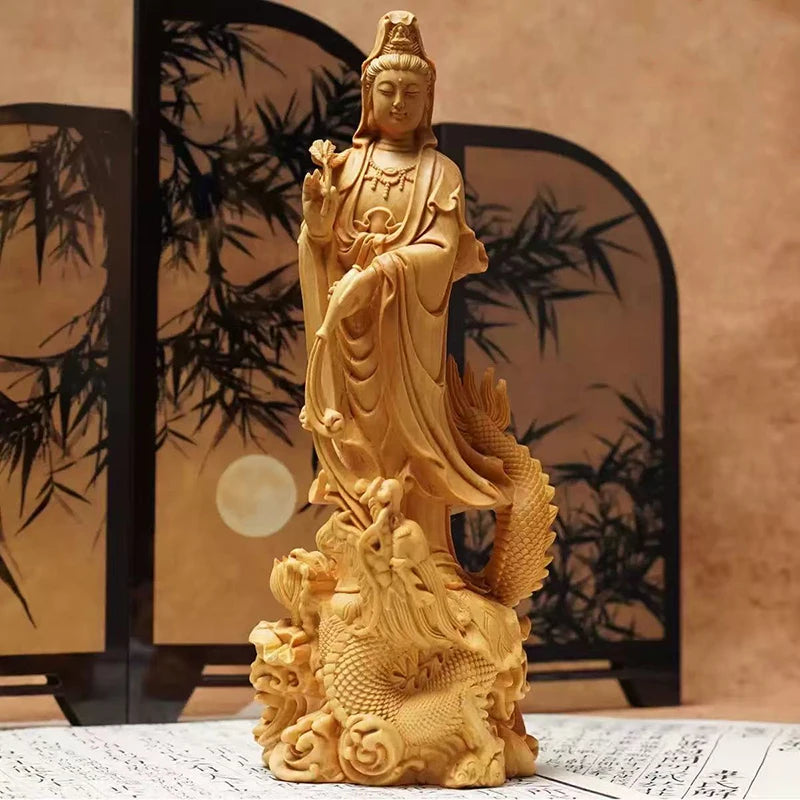 Natural wood dragon guanyin buddha statue traditional hand-carved chinese buddhist figures home living room feng shui