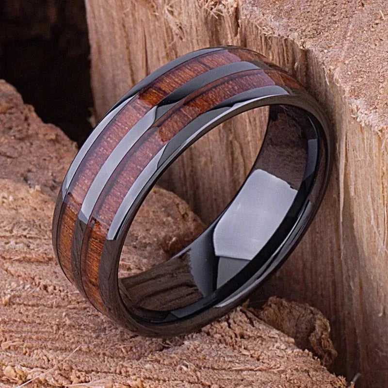 Fashion 8mm men titanium steel koa wood rings for women dome polished stainless wedding band jewelry gifts - ring