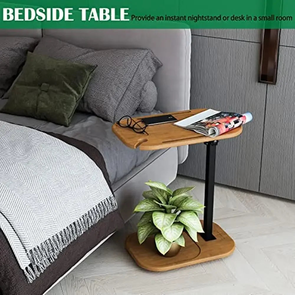 Adjustable height c shaped end table small spaces sofa side with swivel tv tray phone slot natural wood base easy