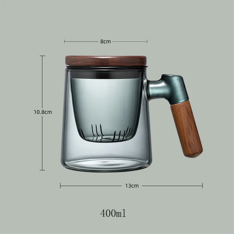 400ml walnut wooden handle lid filter glass tea cup water separation scented office flower mug