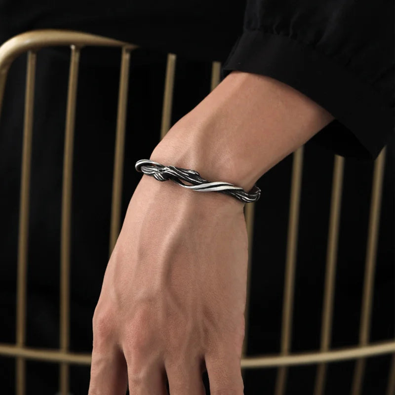 Vintage floating wood design ring male jewelry open size trend personality art index 925 silver men party accessories