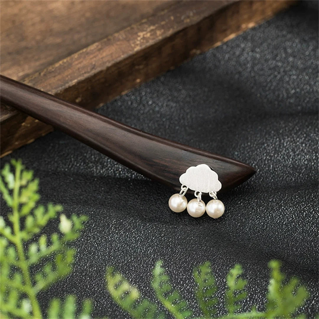 New 100% s925 pure silver women’s men retro hairpin ebony wood cloud blossom chinese style hanfu hair accessories