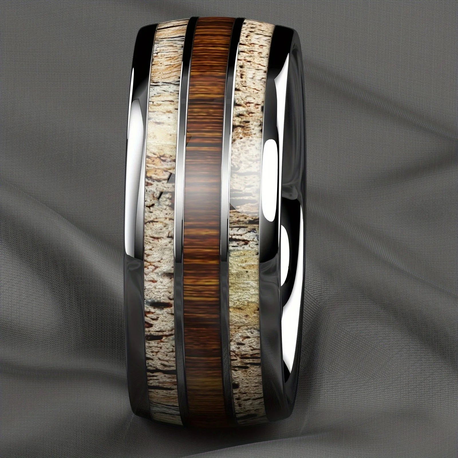 Fashion silver color men’s stainless steel rings koa wood deer antler inlay dome engagement for men women wedding