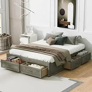 Merax platform bed queen size wooden frame with 6 storage drawers without headboard design wood slat support no box