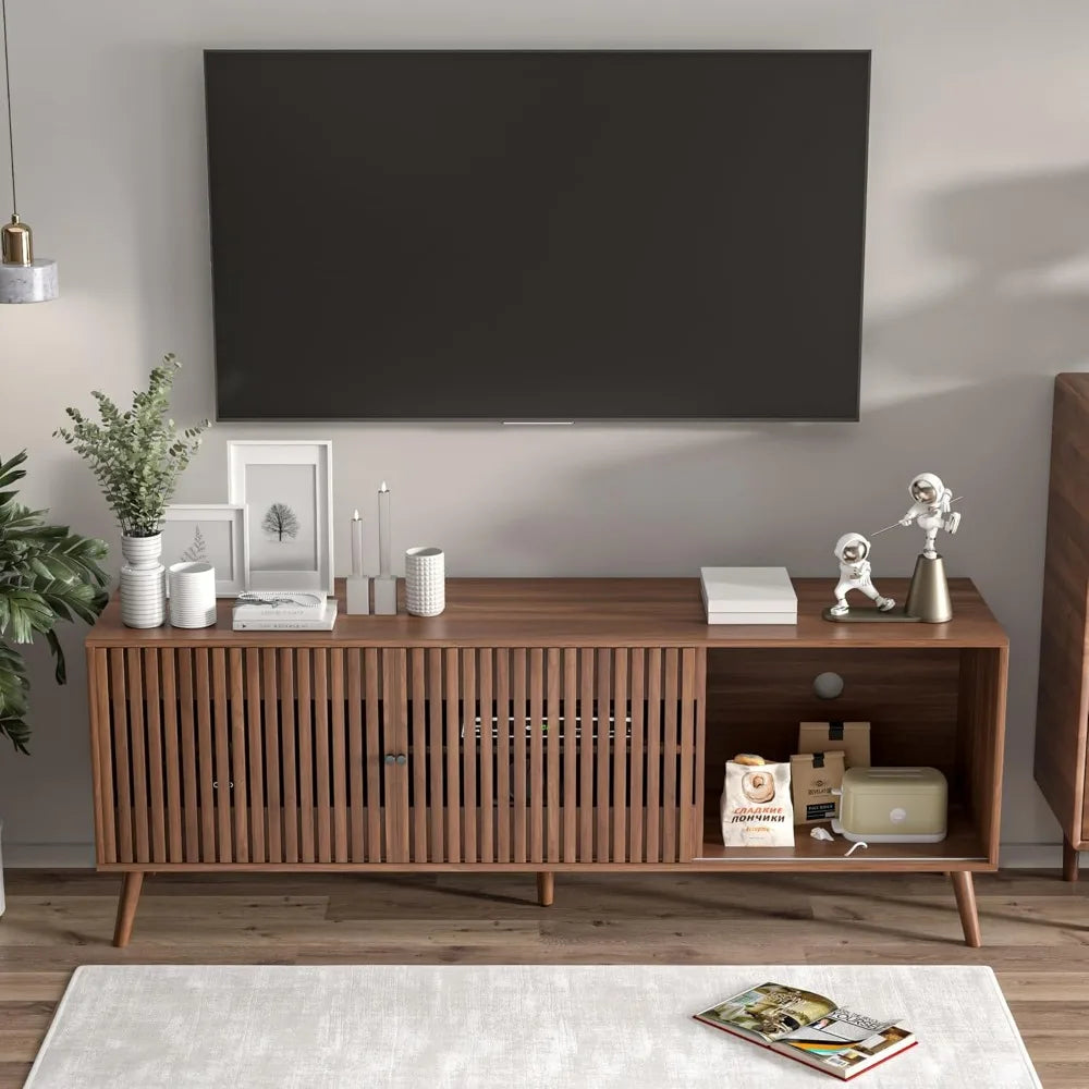 Mid century modern tv stand for televisions up to 70 inches with sliding doors and storage television stands consoles