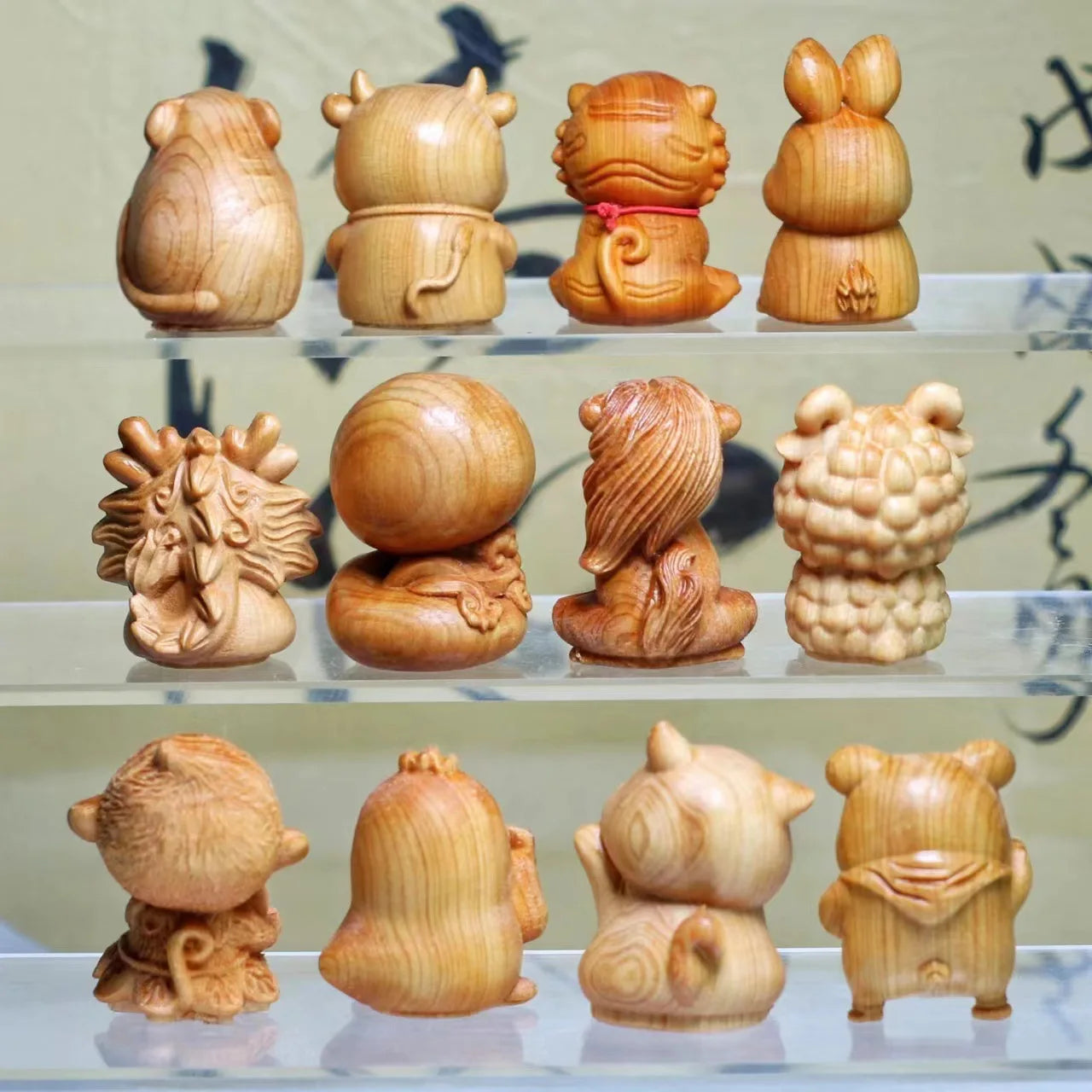 12 zodiac wood carving set - rat cow tiger rabbit dragon snake horse sheep monkey chicken dog pig animal figurines