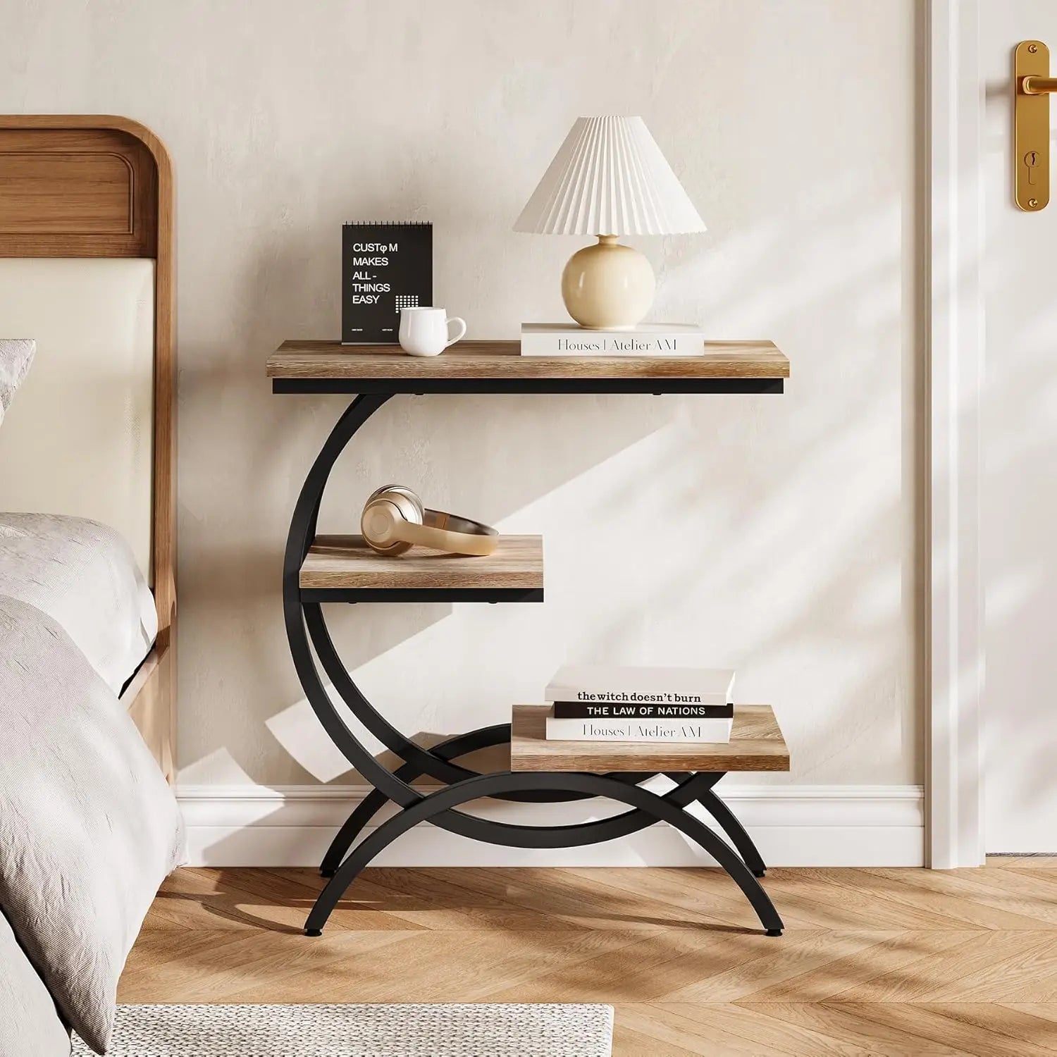 Little tree end table with 3 storage shelves industrial c-shaped small sofa side for living room wood slim snack