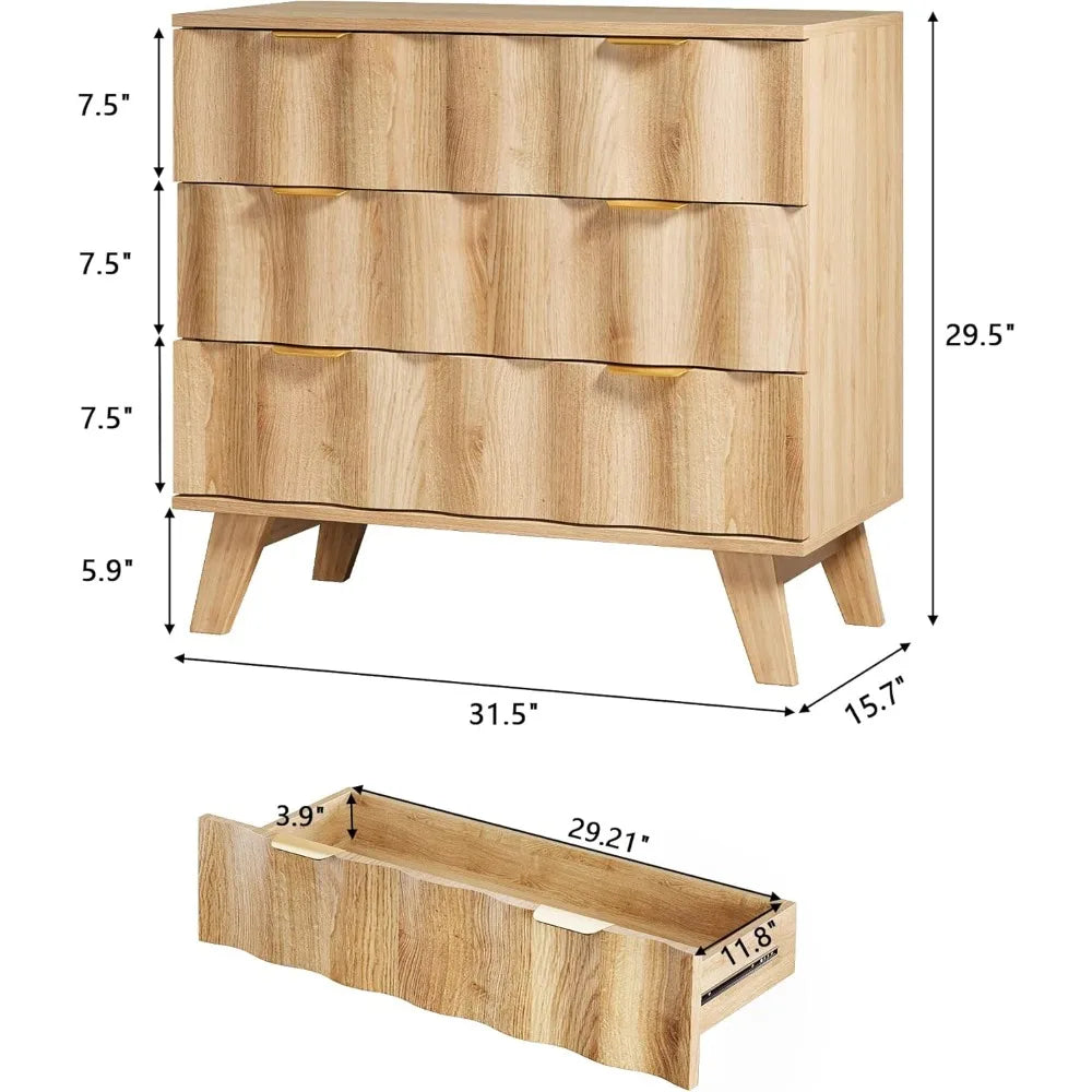 3 drawer dresser modern fluted chest of drawers with metal handles and wooden legs storage organizer accent cabinet f