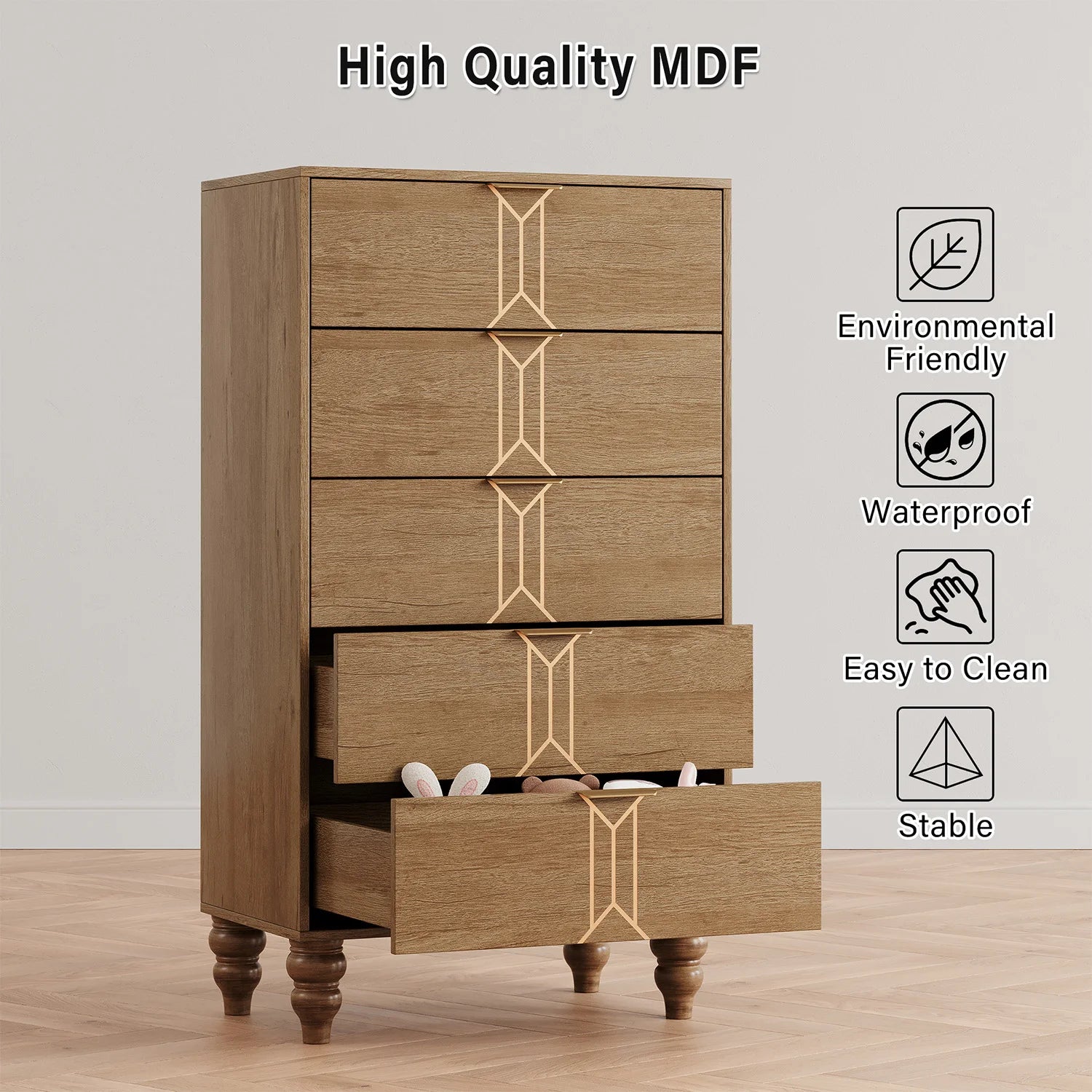 125cm tall wooden 5 drawer dresser with vintage design modern stylish deep drawers for bedroom living room entryway