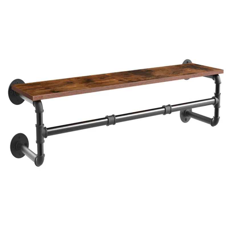 Industrial pipe clothes hanging rack with wood shelf wall mounted - brown / germany
