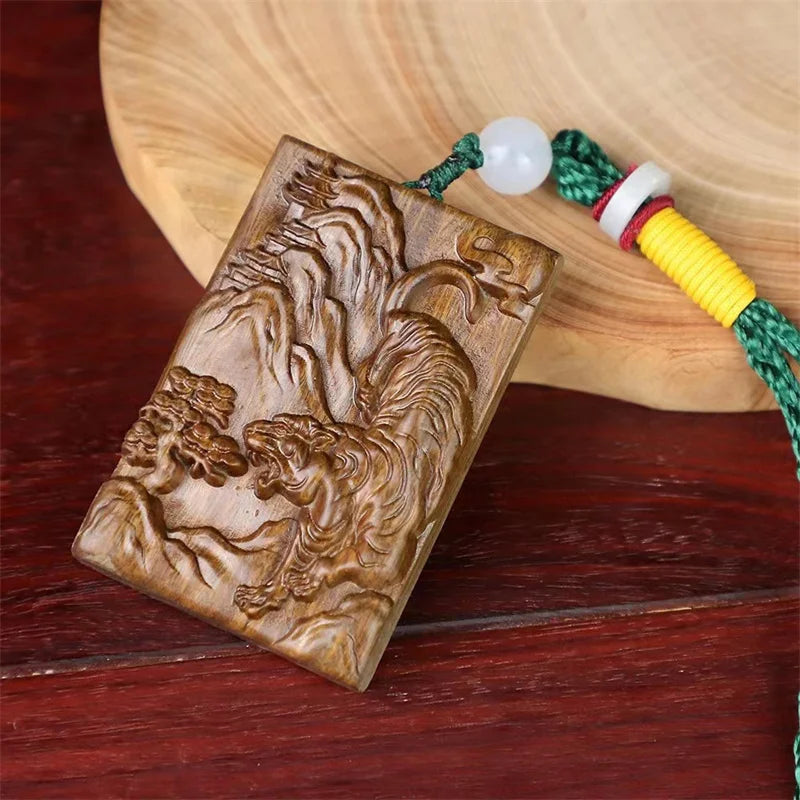 Hign-end green sandalwood carving dragon tiger card pendant for men jewelry personality wood pendants necklace male