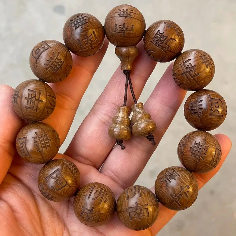 Carved buddha beads six paths wood wooden bracelet reciting hand chain cus made real mantra jewelry - channels of wood