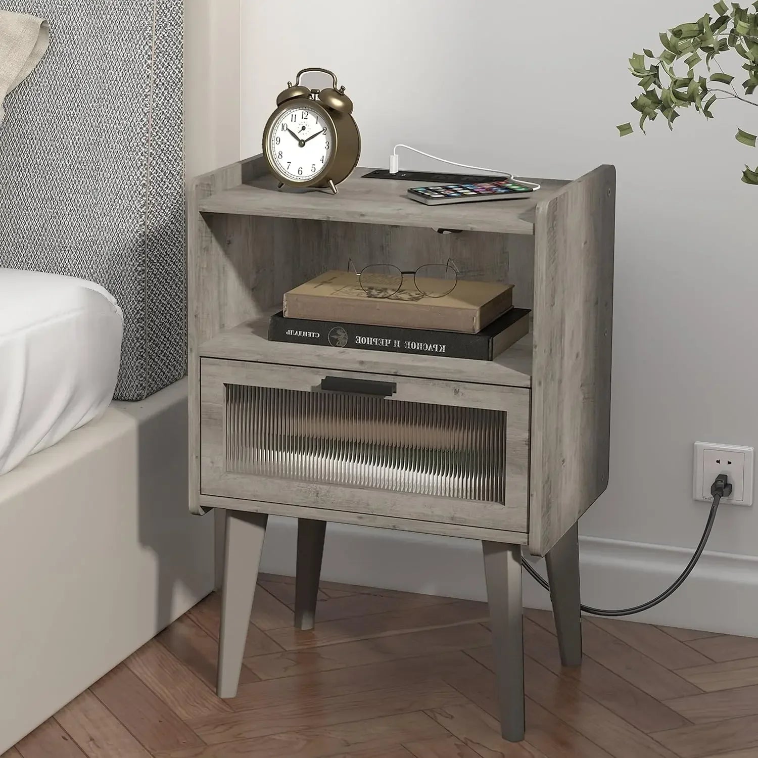 Charging station bedside tables oak grey end table side with 2 tiers storage space for bedroom living room mlbz07ge