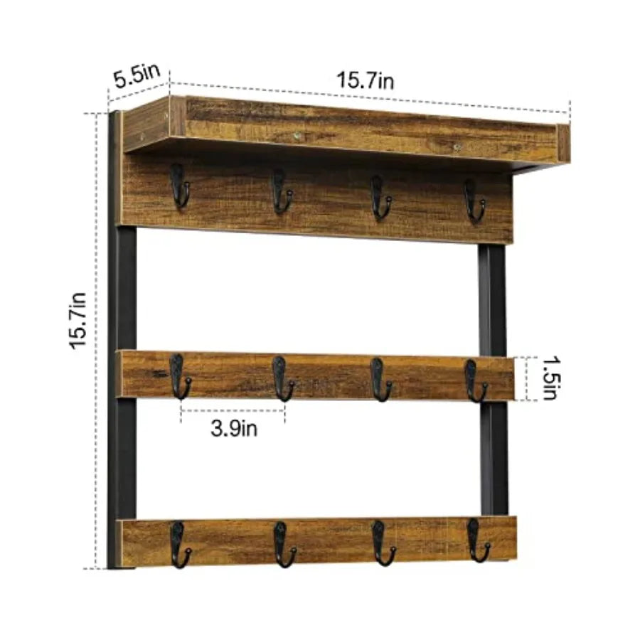Coffee mug rack wall mounted rustic wood cups with 12 hooks and storage shelf for home kitchen display collection rust