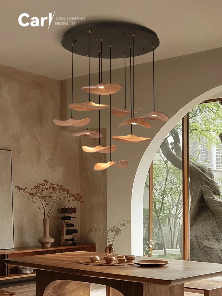 Solid wood walnut color leaf multi-head combination chandelier living room main lamp restaurant wabi-sabi retro style