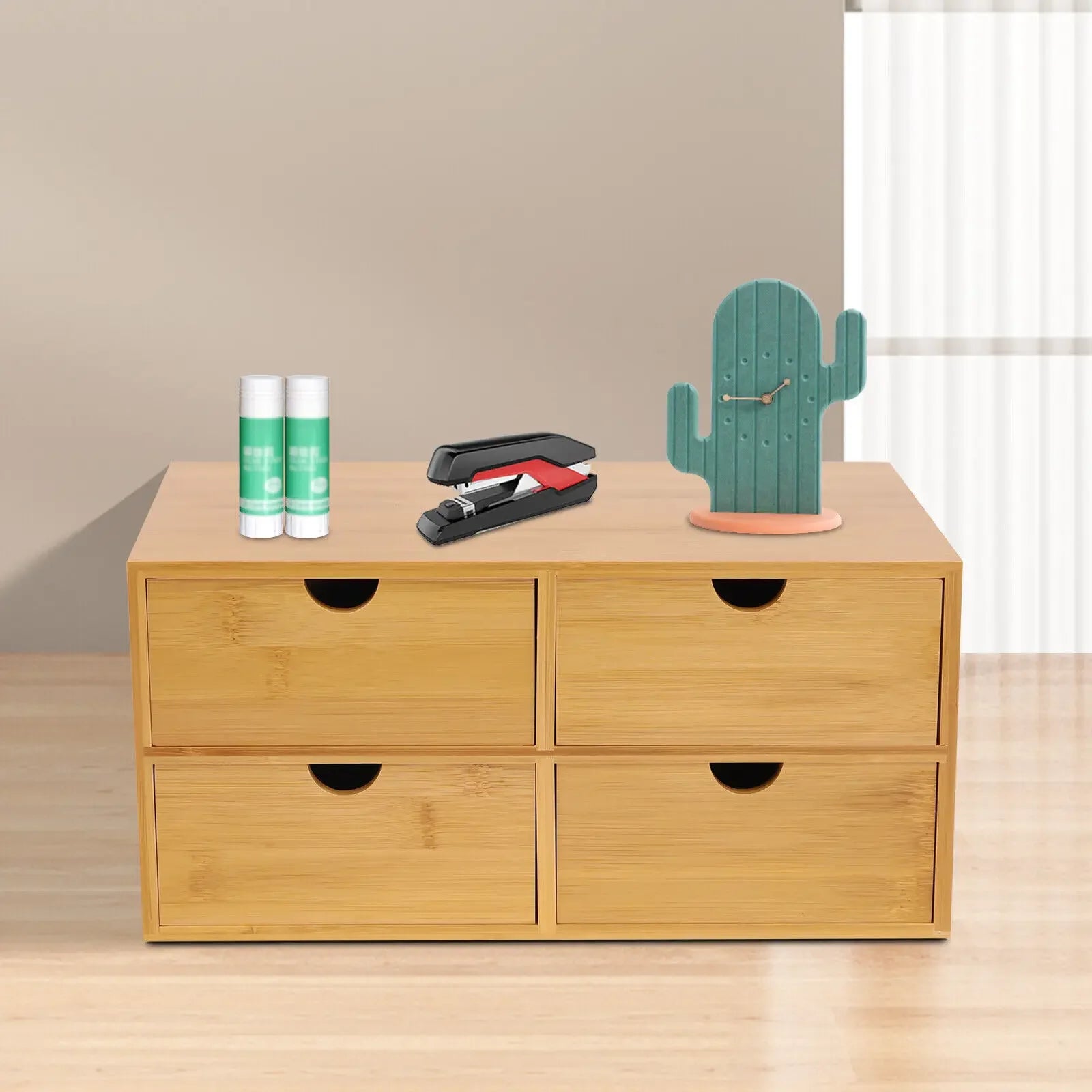 Bamboo desk organizer with 4 storage drawers tabletop box school office stationery home - light brown / united states