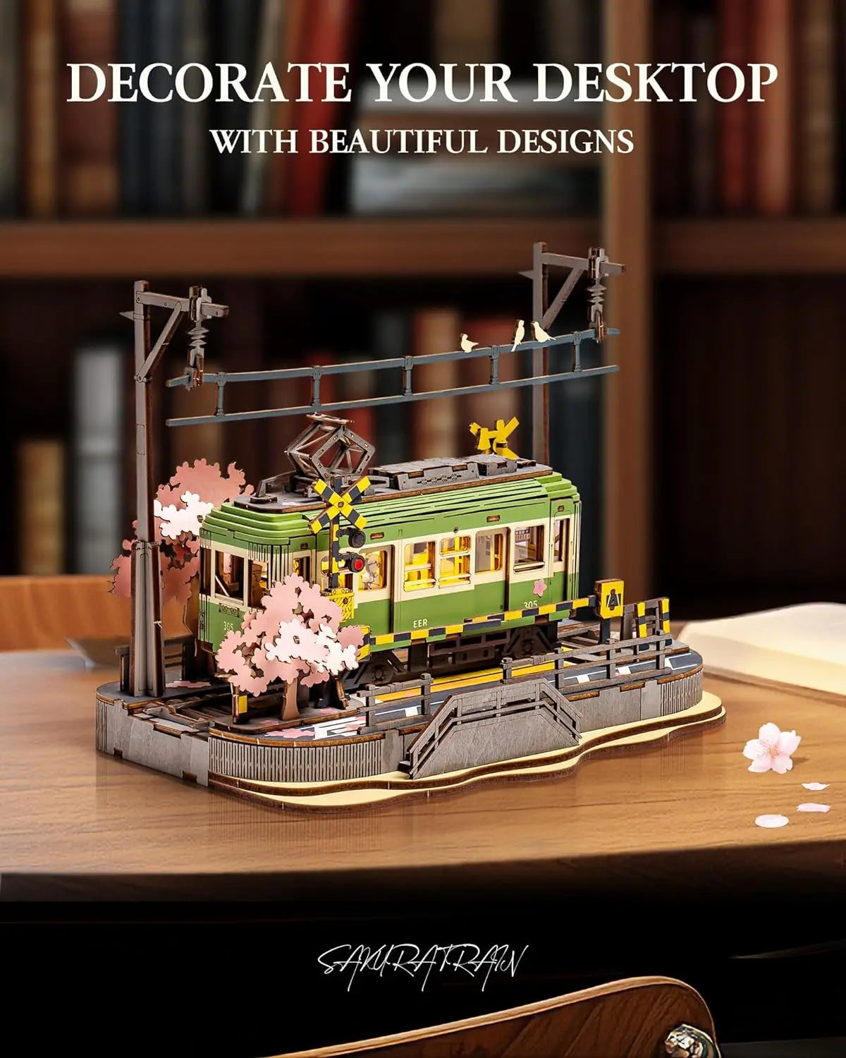 Robotime sakura journey tram 3d wooden puzzles model car kits building set creative gift stem toy for girls boys 223pcs