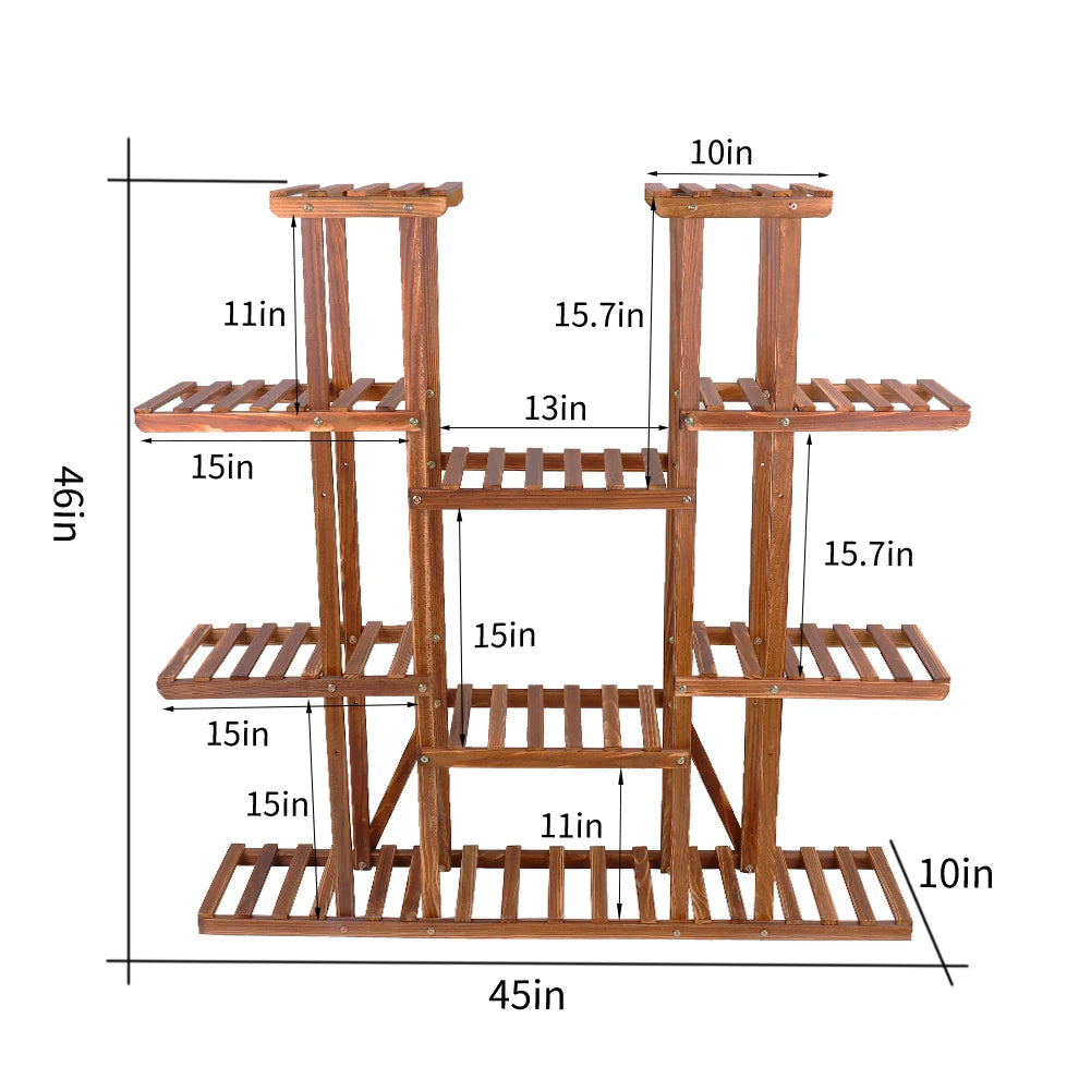 Large 11 tiered wood plant stand carbonized high widen pot shelf holder flower shop office garden indoor outdoor