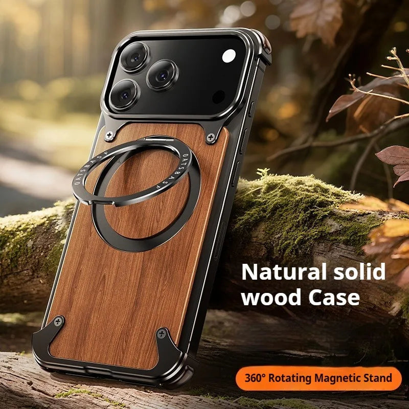 Eary magnetic wooden case for iphone 17 pro max air magsafe wireless chargers 360°rotating stand aluminum solid wood