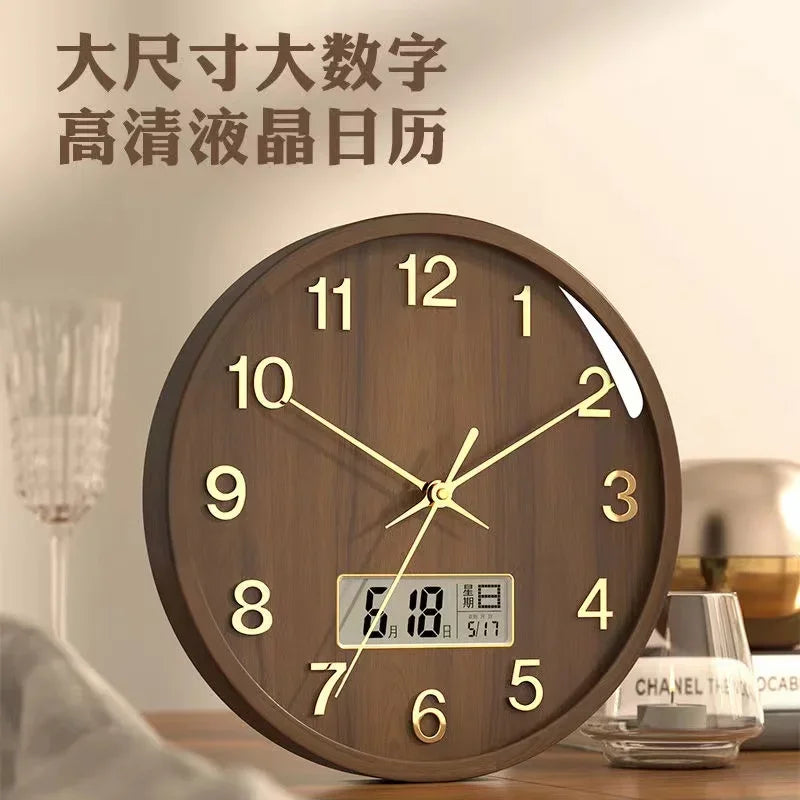 New chinese solid wood wall clock living room household quartz with calendar atmospheric decorative