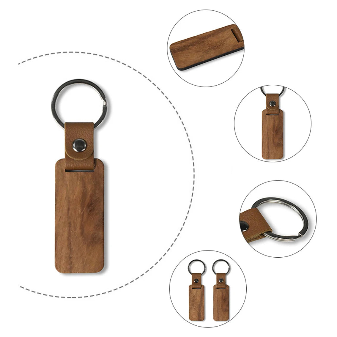 100pcs blank wood keychains pu leather keychain rectangular key chain