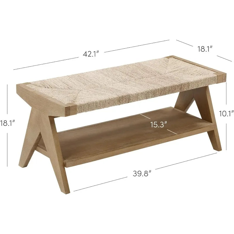 Beacon bohemian bench seat with shoe storage seagrass entryway or end of bed solid wood frame brushed light brown