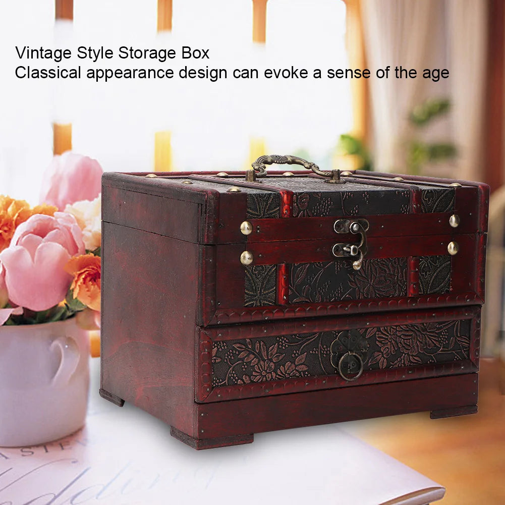 Vintage wooden jewelry box case holder necklace earrings storage organizer with mirror wood - box