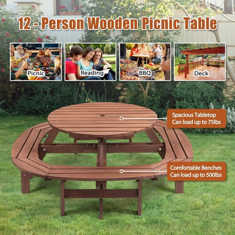 10-person solid wood picnic table outdoor round and bench set with umbrella hole outside wooden chairs s