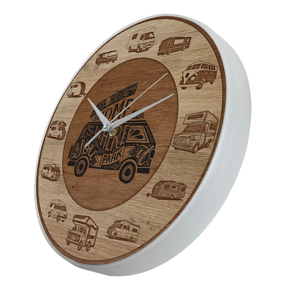 Home is where you park rv recreational vehicles wood texture acrylic print wall clock camper vans motorhome travelling