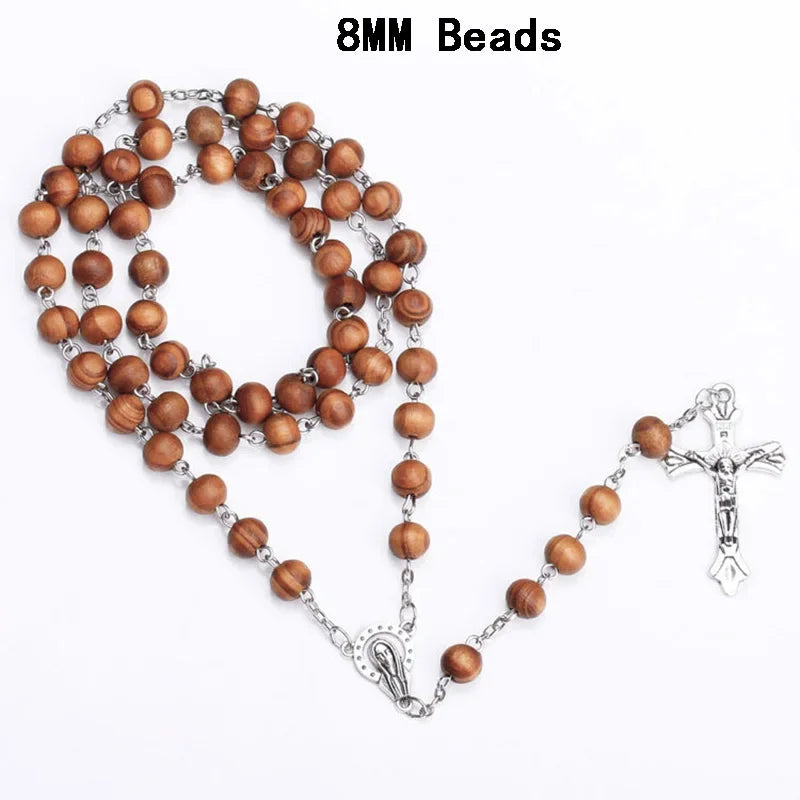 Catholic wood beaded rosary necklaces for women christian inri crucifix cross pendant long chain men religion prayer