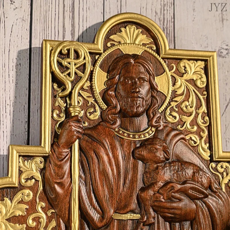 Wood carving jesus shepherd icon sculpture,plaque catholic home wall decor - religious (christian)