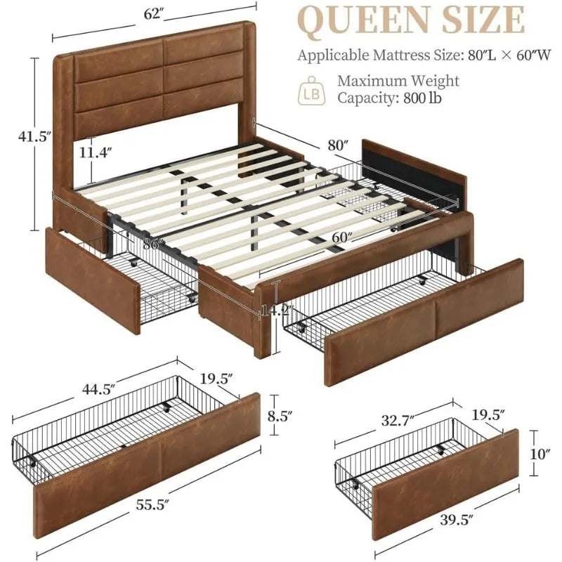 Queen bed frame with 2 usb charging stations/port for type a&type c/3 storage drawers,leather upholstered platform