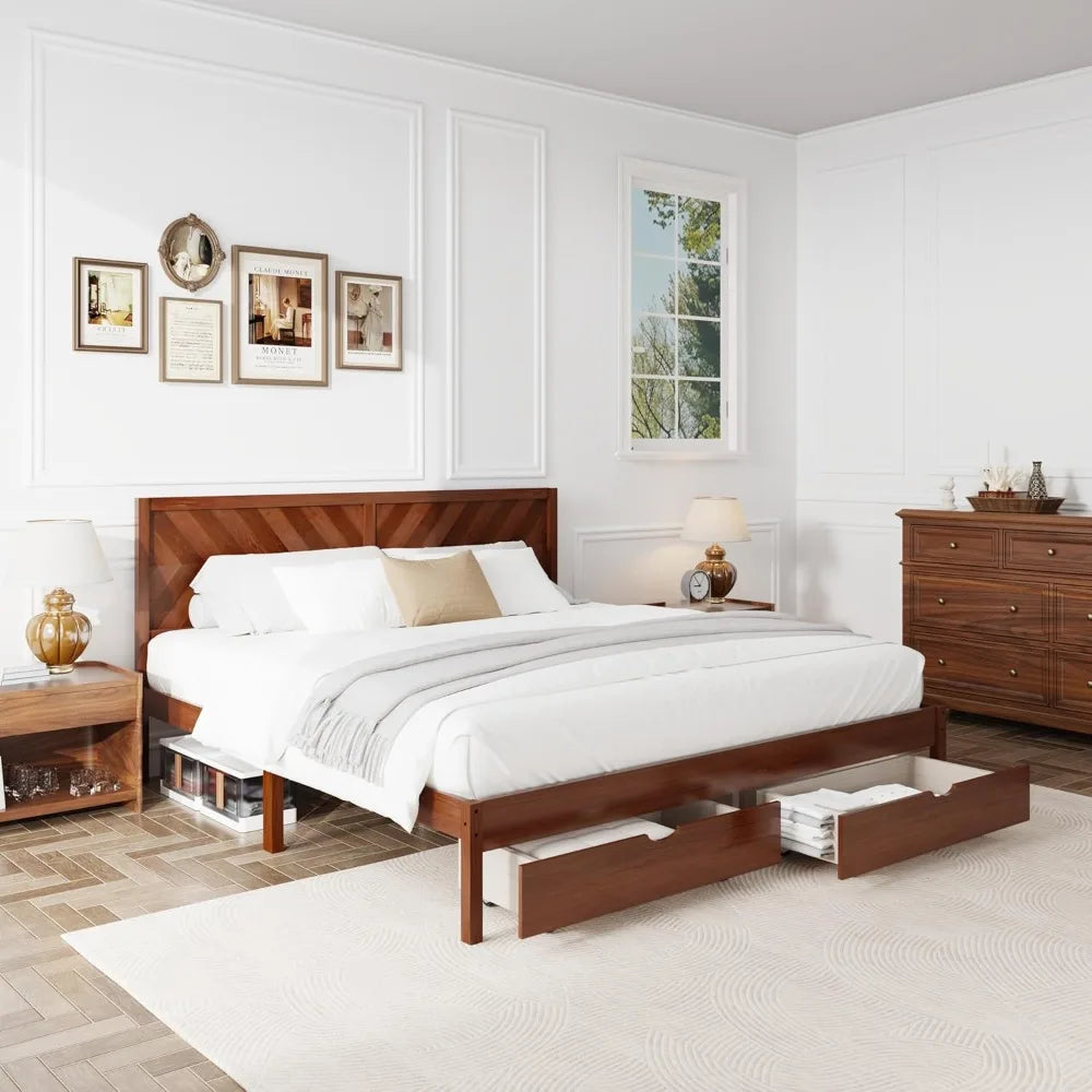 Flexispot solid wood king bed frame elegant herringbone headboard storage drawers 750 lbs capacity mid-century modern